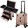 FRENESSA Professional Rolling Makeup Case Aluminum Trolley Train Case with Swivel Wheels for Makuep Artist Travel Cosmetic Organizer with Sliding Drawers for Nail Tech Hairstylist Barber Rose Gold view 1