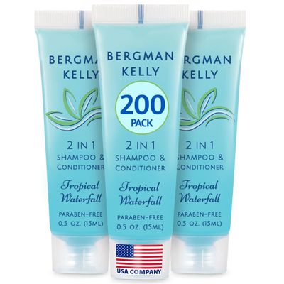 Bergman Kelly - Travel Size 2 in 1 Shampoo & Conditioner - 0.5 fl oz, 200 PK, Tropical Waterfall - Delight Your Guests w/Invigorating & Refreshing Shampoo Amenities - Small Hotel Toiletries in Bulk