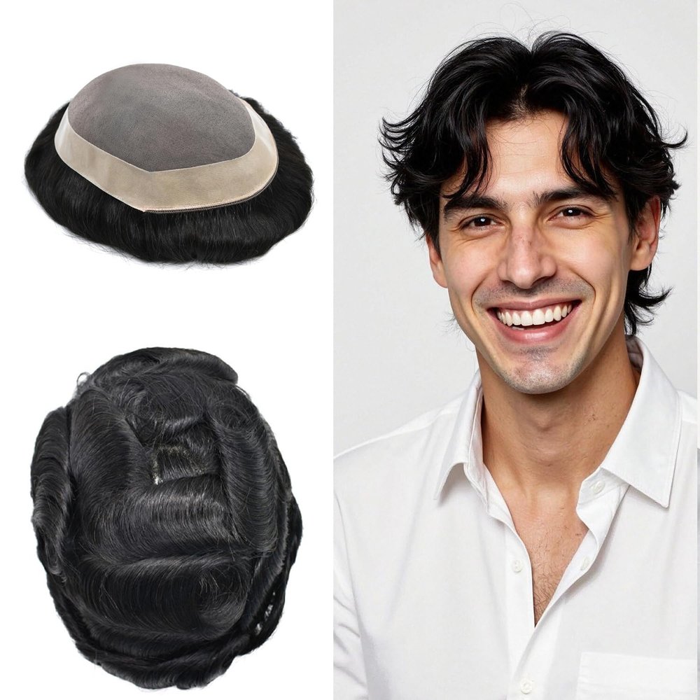 100% European Human Hair Men's Toupee, D7-3, 8''X11'', Black, Modern, Fine Mono, 120% Medium Light to Medium Density