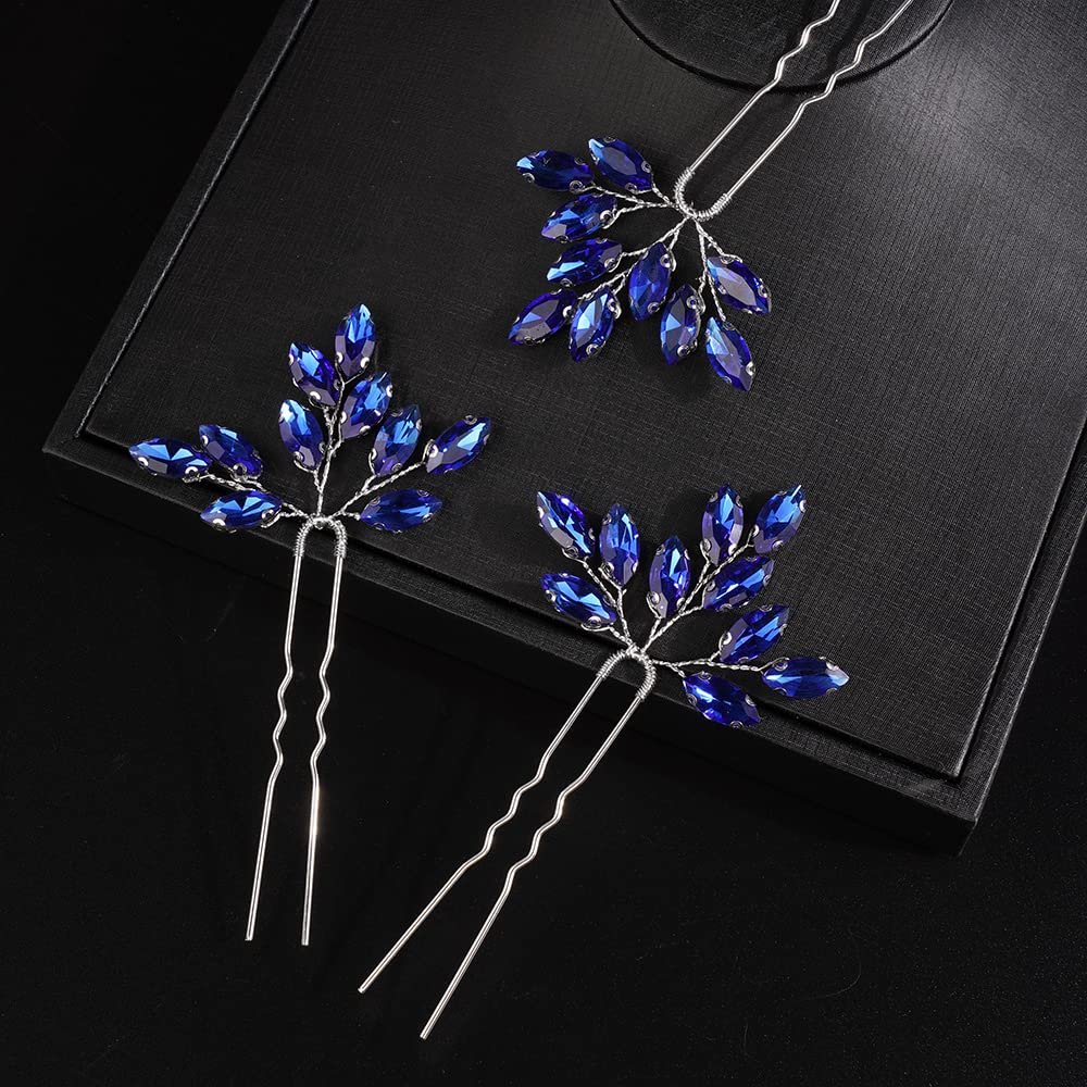 JWICOS Bridal Wedding Crystal Hair Pins Bride Hair Pieces Wedding Hair Accessories for Women and Girls Pack of 3 (Blue silver)