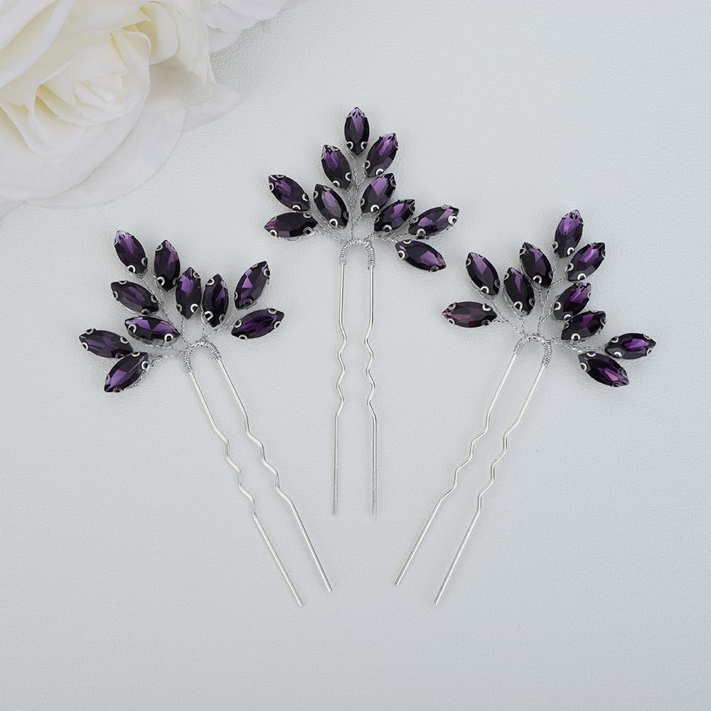 JWICOS Bridal Wedding Crystal Hair Pins Bride Hair Pieces Wedding Hair Accessories for Women and Girls Pack of 3 (Purple)