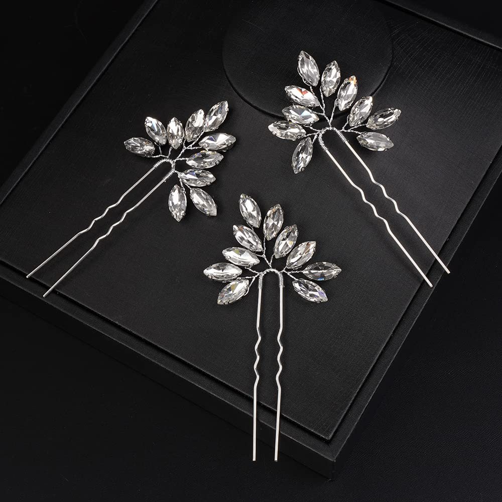 JWICOS Bridal Wedding Crystal Hair Pins Bride Hair Pieces Wedding Hair Accessories for Women and Girls Pack of 3 (Silver)
