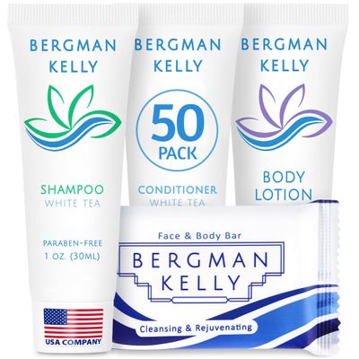 BERGMAN KELLY Hotel Toiletries Bundle (White Tea, 1 oz each, 200 Pieces) 4-Piece Set: 50 Rectangular Bar Soap, 50 Shampoo, 50 Conditioner & 50 Body Lotion - Bulk Mini Guest Amenities