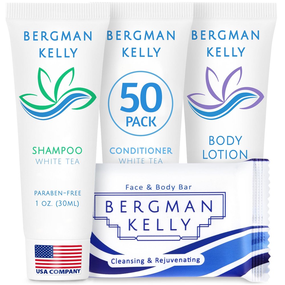 BERGMAN KELLY Hotel Toiletries Bundle (White Tea, 1 oz each, 200 Pieces) 4-Piece Set: 50 Rectangular Bar Soap, 50 Shampoo, 50 Conditioner & 50 Body Lotion - Bulk Mini Guest Amenities