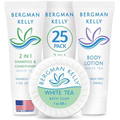 BERGMAN KELLY Round Soap Bars, 2in1 Shampoo & Conditioner, and Travel Size Lotion 3-Piece Set (White Tea, 1 oz ea, 75 pc), Revitalizing & Refreshing Sanitary Toiletries Hotel Amenities