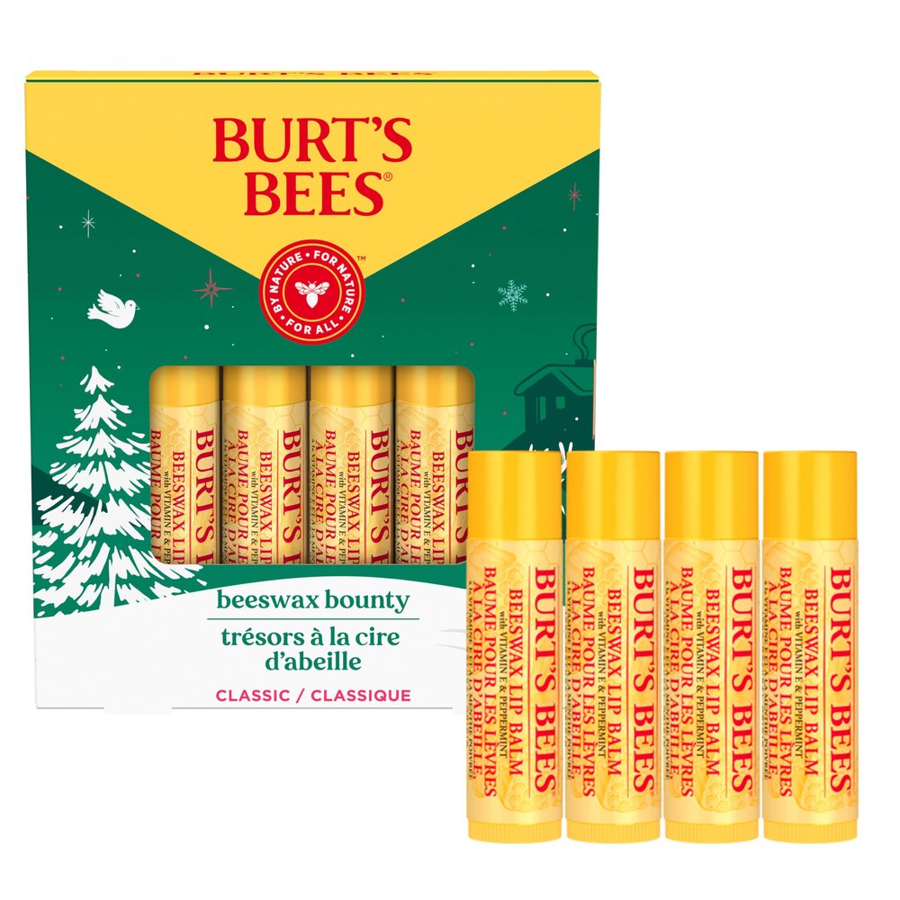 Burts Bees Christmas Gifts, 4 Lip Balm Stocking Stuffers Products, Beeswax Bounty Classic Set - Original Beeswax Moisturizing Lip Balm (4-Pack)