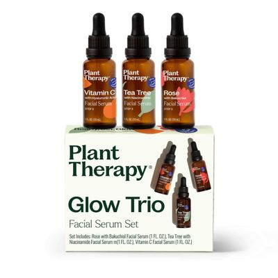Plant Therapy Facial Serum Trio Set 1 oz each, Vitamin C & Hyaluronic Acid, Rose with Bakuchiol & Tea Tree with Niacinamide, Reduces the Appearance of Fine Lines & Wrinkles