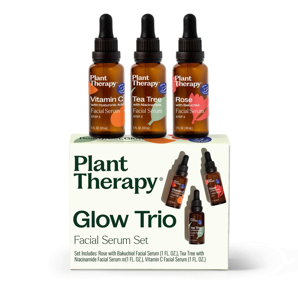 Plant Therapy Facial Serum Trio Set 1 oz each, Vitamin C & Hyaluronic Acid, Rose with Bakuchiol & Tea Tree with Niacinamide, Reduces the Appearance of Fine Lines & Wrinkles
