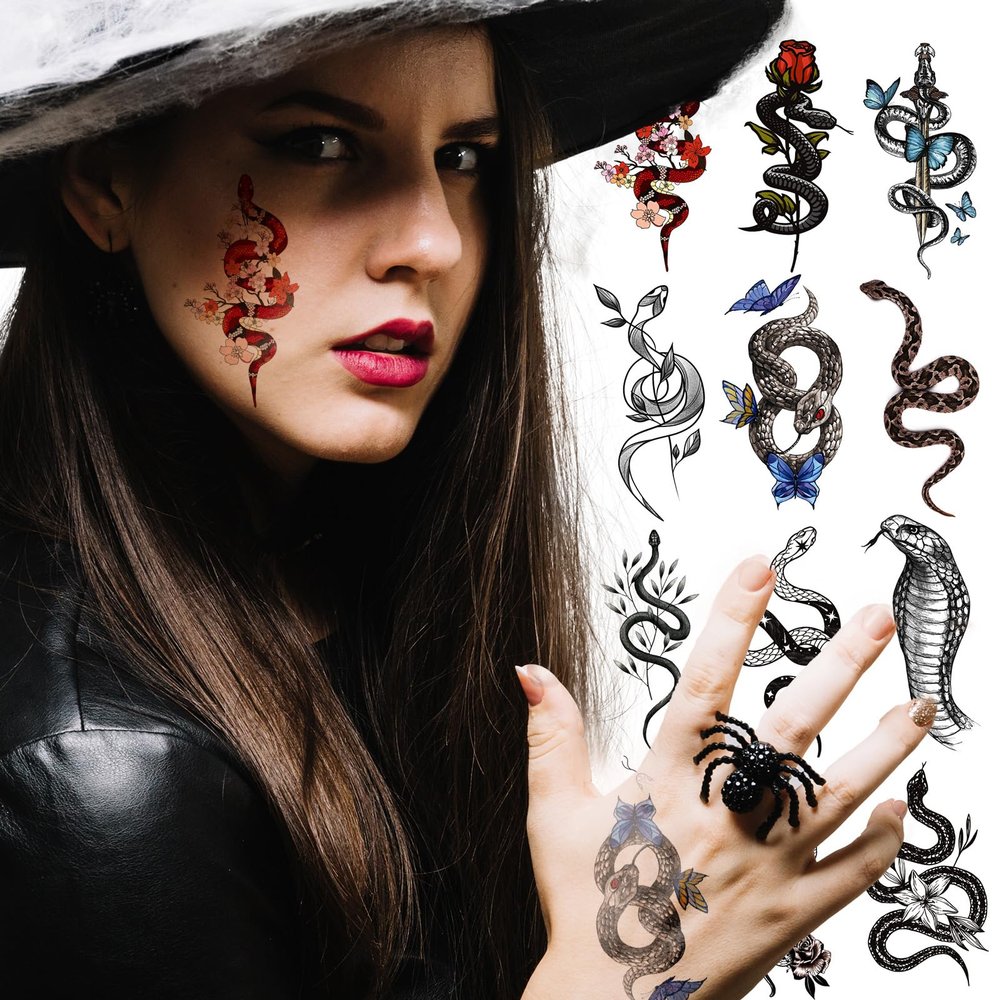 12-Sheet Fake Tattoos That Look Real, Temporary Body Tattoos for Men & Women, Waterproof Realistic Snake Tattoo Stickers for Concerts & Halloween