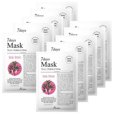 Ariul 7 Days Mask Heartleaf P Calming & Moisturizing Korean Face Mask with Panthenol & Ceramide, Hydrating & Soothing, Pore Purifying, Vegan Sheet, 10 Masks, 23ml / 0.77 fl. oz Each (Tea Tree M)