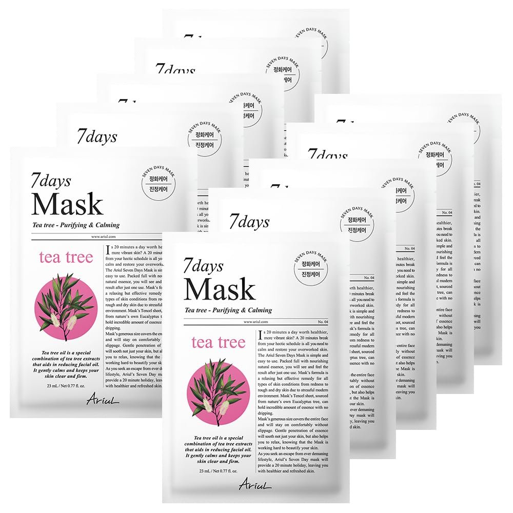 Ariul 7 Days Mask Heartleaf P Calming & Moisturizing Korean Face Mask with Panthenol & Ceramide, Hydrating & Soothing, Pore Purifying, Vegan Sheet, 10 Masks, 23ml / 0.77 fl. oz Each (Tea Tree M)