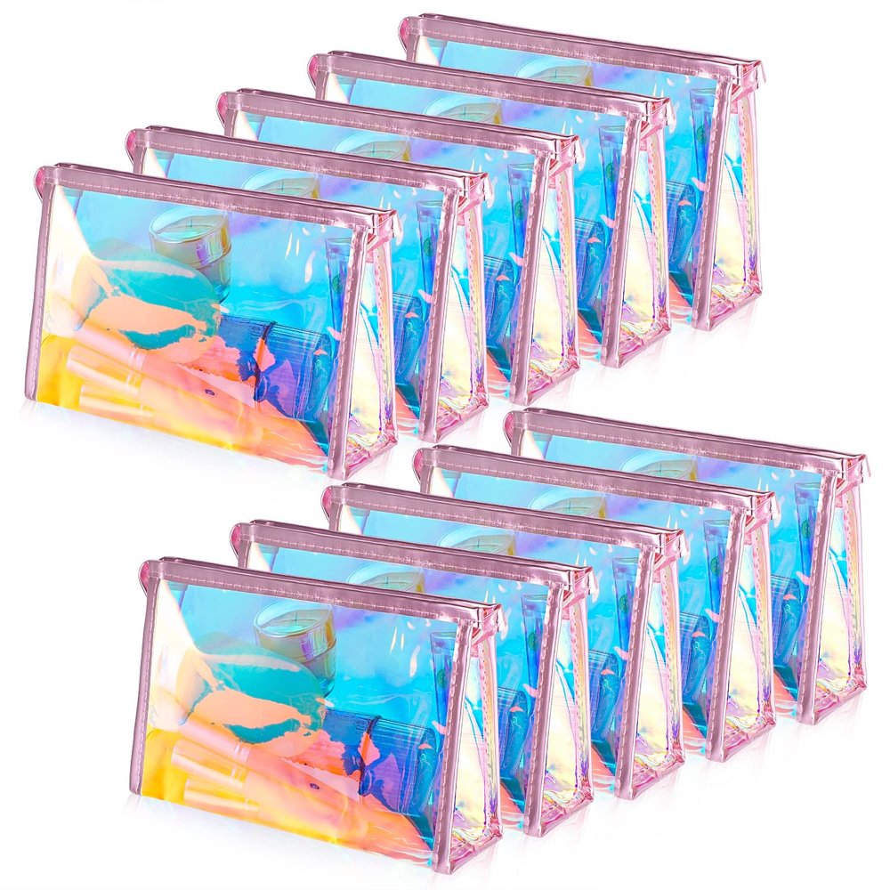 BESARME10 Pcs Holographic Makeup Bags Bulk, Clear Portable Zippered Toiletry Bag for Bachelorette Valentines Day Gifts Party Favors Waterproof Cosmetic Bags Wedding Gifts for Bride Bridesmaids