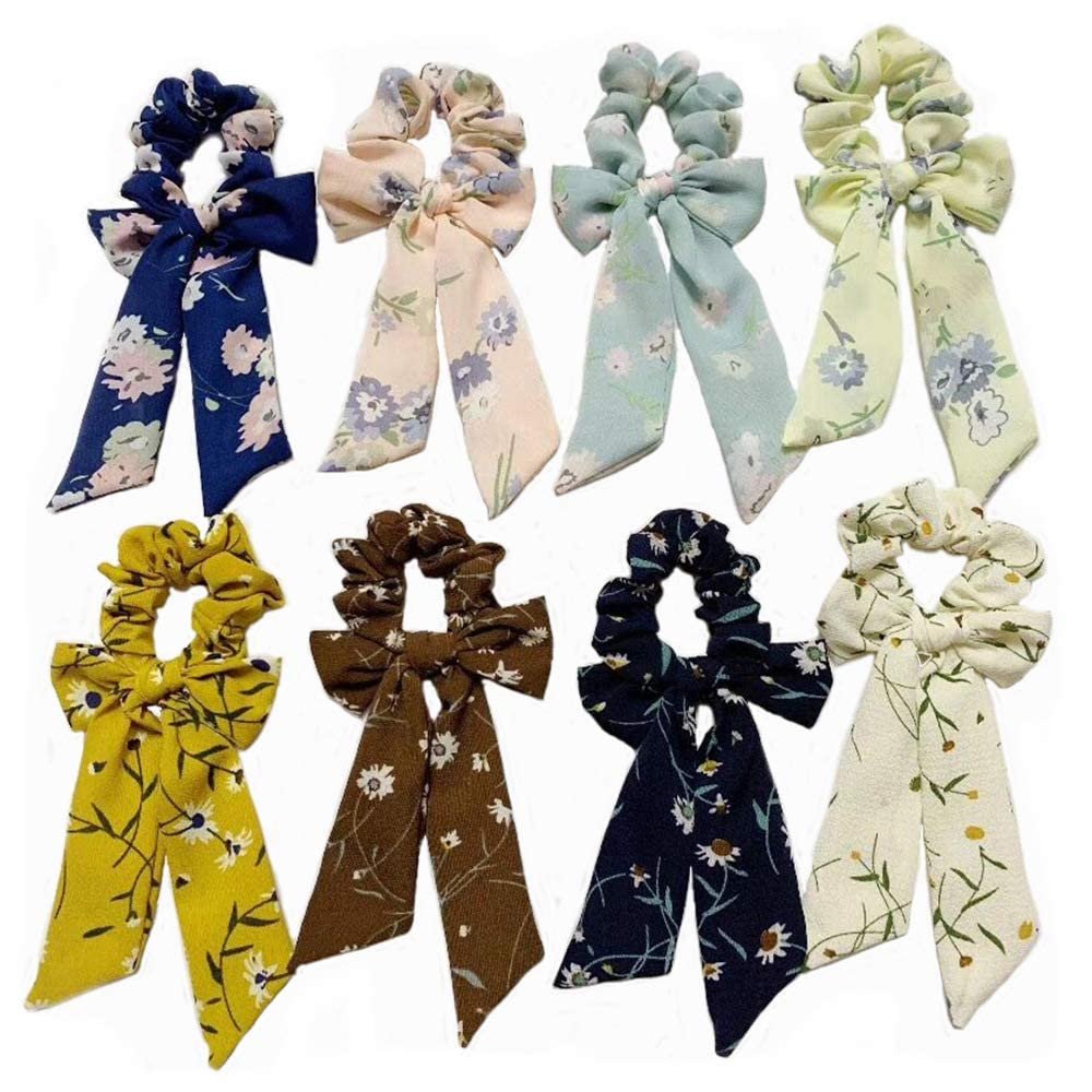 8 Pcs Bowknot Hair Scrunchies Chiffon Floral Scrunchy Ponytail Holder Bows Flower Pattern Hair Scrunchy Ropes Scarf Hair Ties