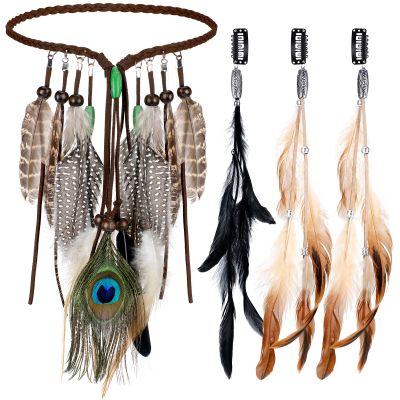 XunYee 3 Pack Feather Hair Clips 1 Boho Feather Headband Hippie Hair Extension with Clip Comb Set for Women Costume(Black and Brown,Boho Style)