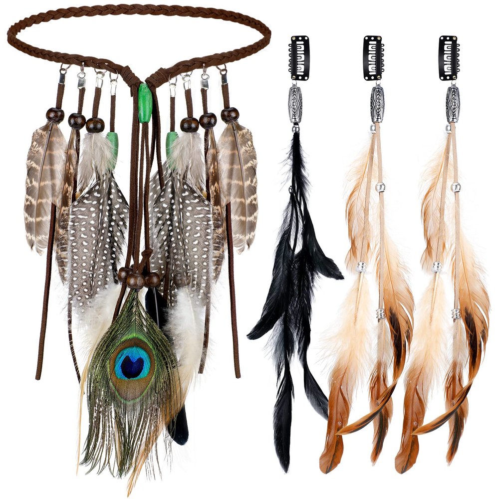 XunYee 3 Pack Feather Hair Clips 1 Boho Feather Headband Hippie Hair Extension with Clip Comb Set for Women Costume(Black and Brown,Boho Style)
