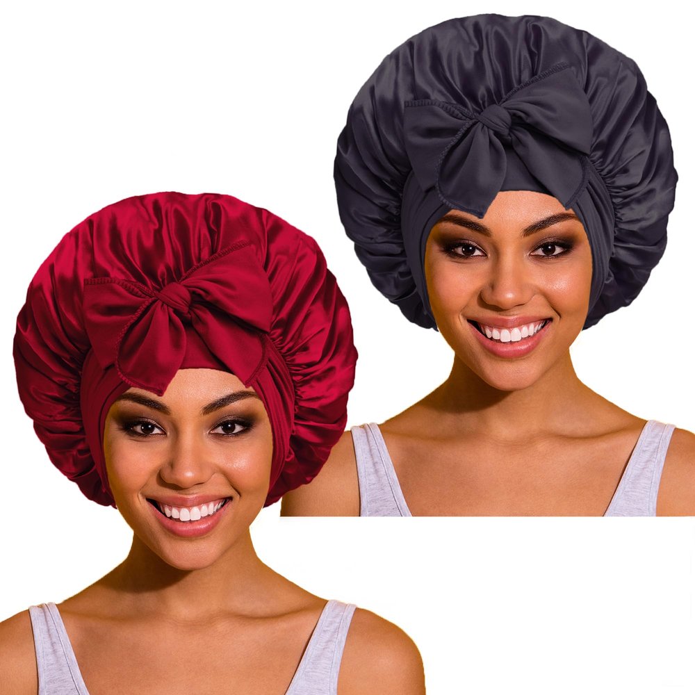 2 Pack Bonnet with Tie Band, Satin Silk Hair Bonnet for Sleeping, Sleep Bonnets for Women, Large Sleep Cap for Braids Curly Hair, B