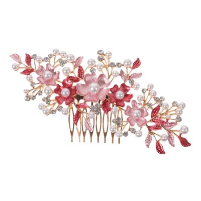 Beaupretty Flower Shaped Pearl Hair Comb Rhinestone Accents Elegant Wedding Tiaras and Hair Accessories for Brides and Special Occasions Alloy Headwear Pink