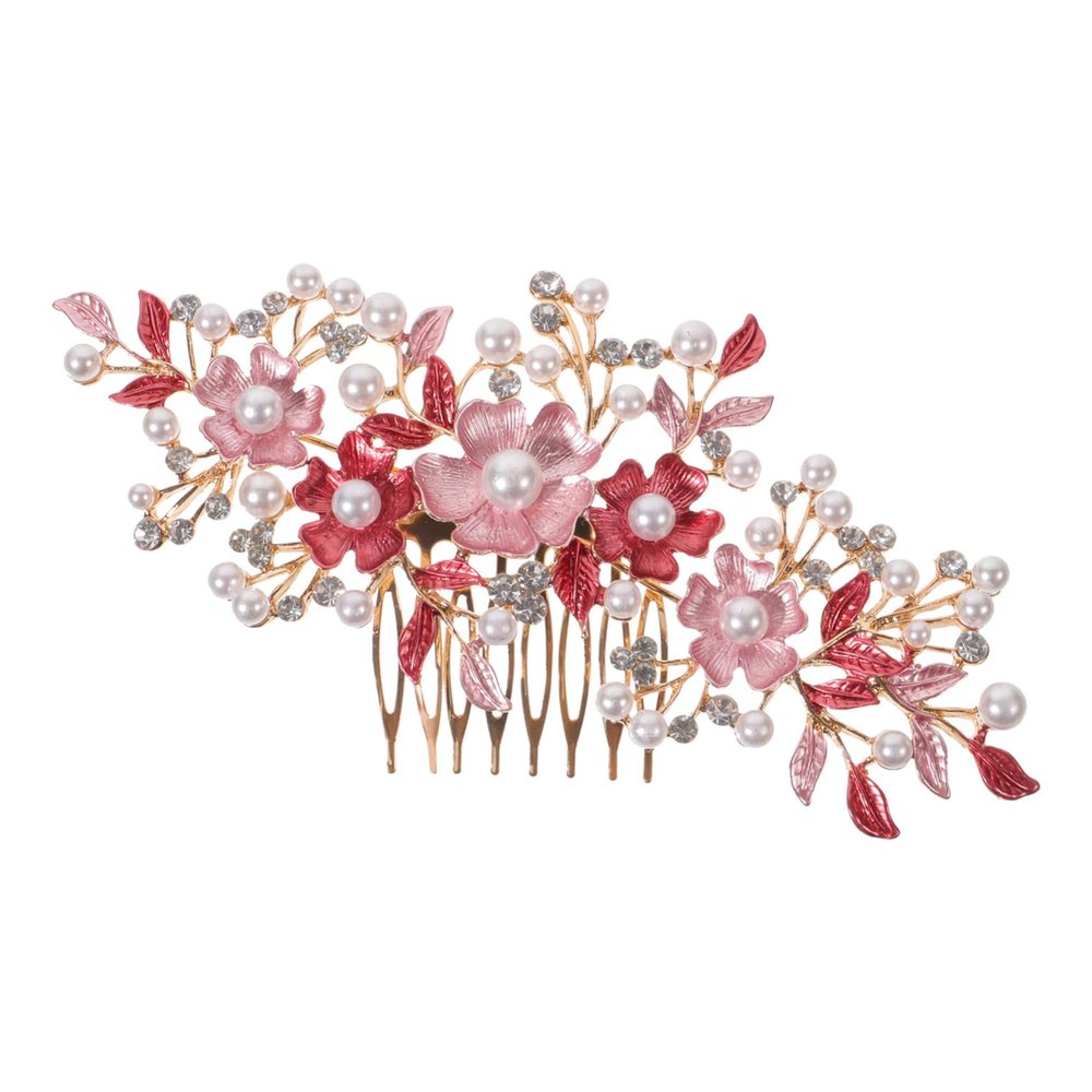 Beaupretty Flower Shaped Pearl Hair Comb Rhinestone Accents Elegant Wedding Tiaras and Hair Accessories for Brides and Special Occasions Alloy Headwear Pink