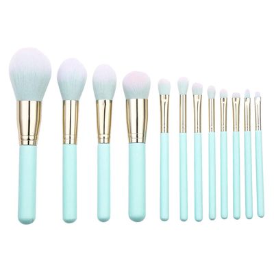 12pcs Mint Green Makeup Brush Set Professional Cosmetics Brushes with Wooden Handles Nylon Bristles for Powder Foundation and Blending Daily and Professional Use