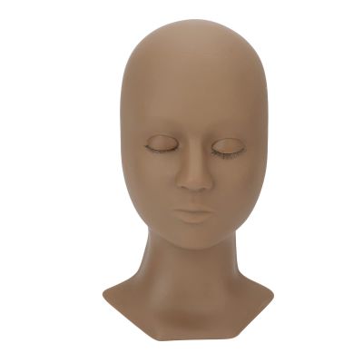 Makeup Mannequin Head with 1 Pair Replaceable Eye, Eyelash Extensions Training Head, High Simulation Soft Silicone Practice Mannequin Head(Single Eyelid Coffee Color Type B)