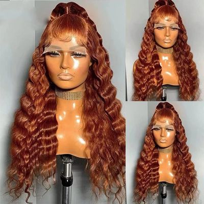 13x4 Deep Wave Lace Front Human Hair Wig Medium Auburn Color HD Transparent Lace Frontal Wigs for Black Women Pre Plucked Brazilian Remy Hair 150% Density with Baby Hair Natural Hairline 24inch