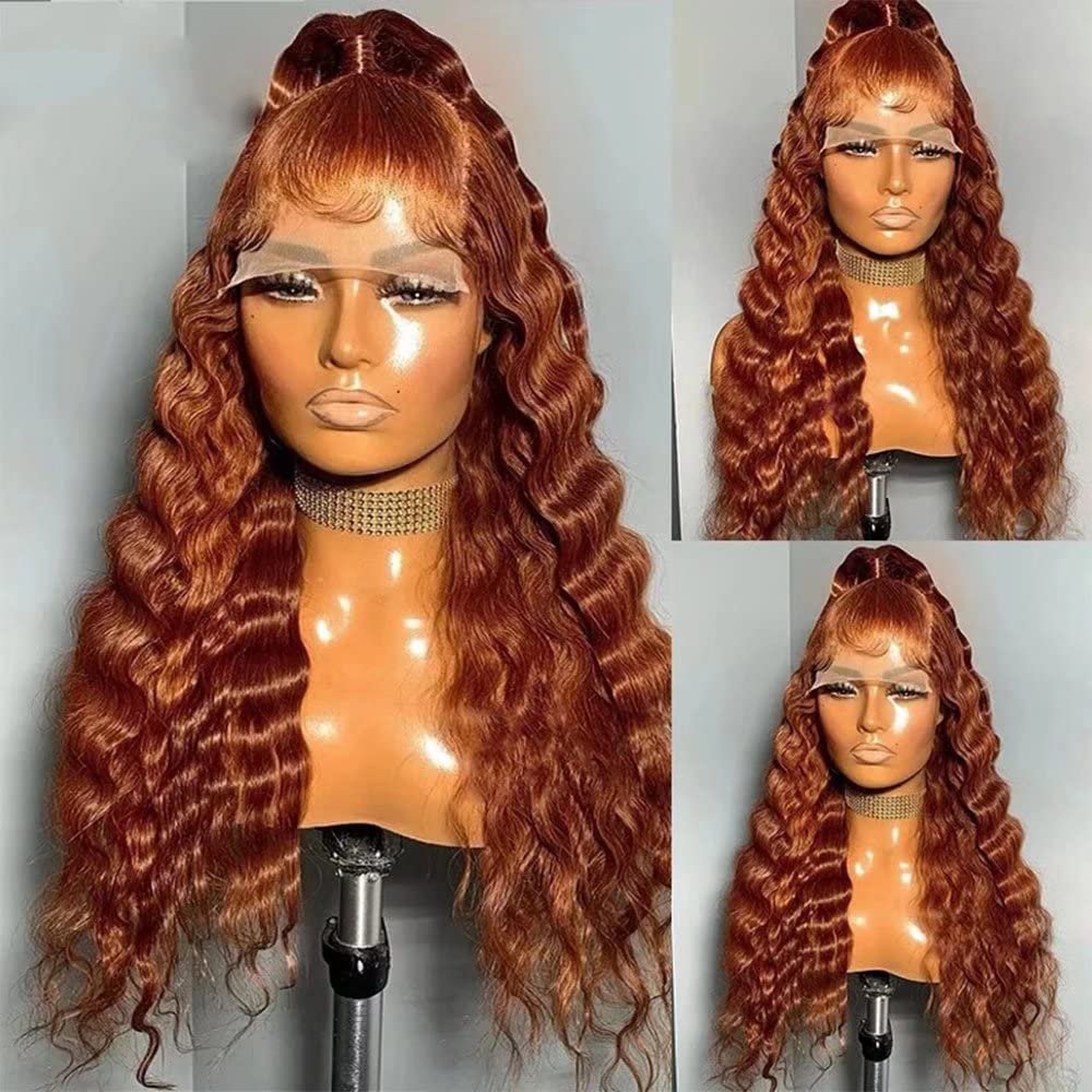 13x4 Deep Wave Lace Front Human Hair Wig Medium Auburn Color HD Transparent Lace Frontal Wigs for Black Women Pre Plucked Brazilian Remy Hair 150% Density with Baby Hair Natural Hairline 24inch