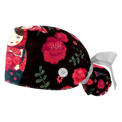 2 Pack Russia Doll Roses Adjustable Working Cap with Button,Women Cotton Working Hat Sweatband,Ponytail Pouch Tie Back Hats