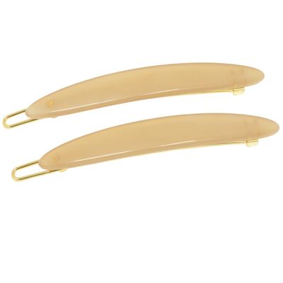 French Amie Narrow Oblong Small 2 1/4" Celluloid Acetate Set of 2 Side Slide In Hair Clip Barrettes with Tige Boule Clasp for Girls and Women, Made in France (Solid Beige)