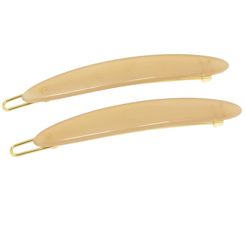 French Amie Narrow Oblong Small 2 1/4" Celluloid Acetate Set of 2 Side Slide In Hair Clip Barrettes with Tige Boule Clasp for Girls and Women, Made in France (Solid Beige)