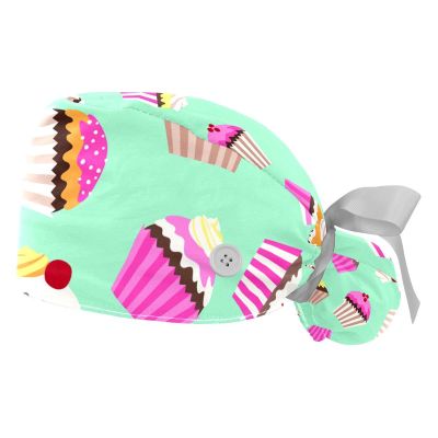 LORVIES 2 Pieces Adjustable Working Cap with Buttons and Ribbon Tie for Women Long Hair,Cupcake Ice Cream