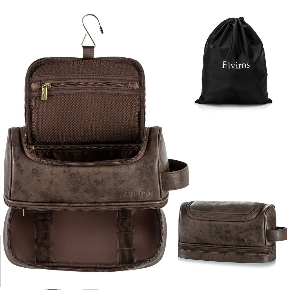 Elviros Toiletry Bag for Mens PU Leather Travel Organizer Kit with Hanging hook, Large Water-resistant Toiletries Bathroom Shaving Bags (Extra Large, Coffee)