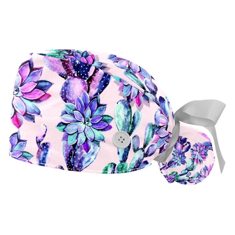 LORVIES 2 Pieces Adjustable Working Cap with Buttons and Ribbon Tie for Women Long Hair,Succulent Cactus