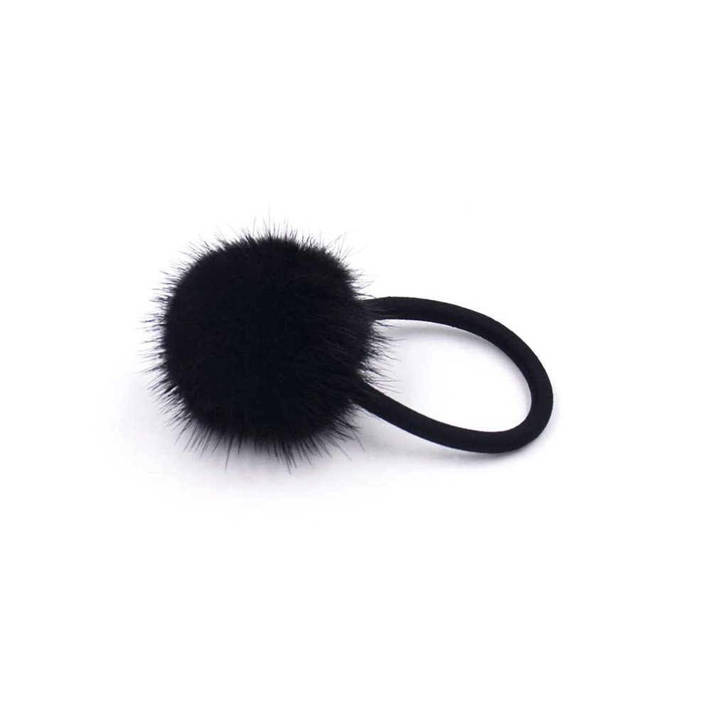 surell Real Mink Fur Pom Hair Tie - Real Fur Pompom Hair Accessory - Cute Ponytail Hairtie for Girls and Women - Black