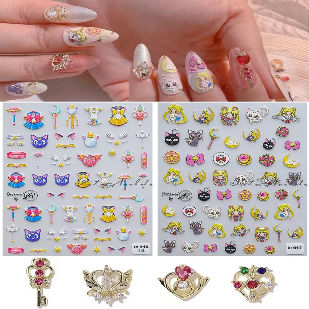 New Cartoon Anime Princess Moon Hare Nail Sticker Decals 5D Embossed(2 Sheets) + 3D Diamond Nail Art Accessories(4 Pcs)