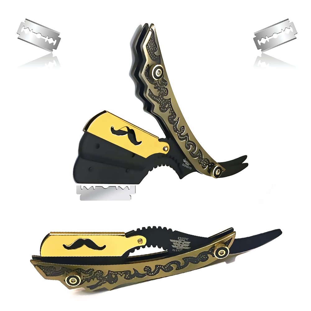 Bronze- Gold Hair Cutting Straight Edge Razor Stainless Steel Engraved Cool Design Grooming and Shaving Razor