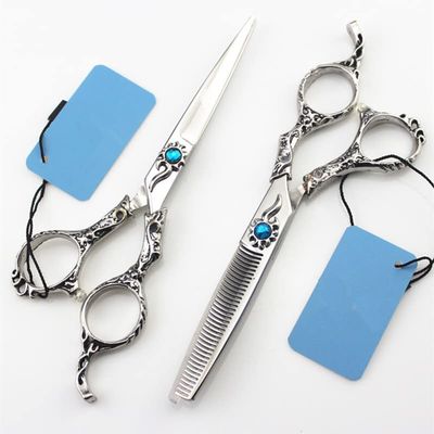 Professional Hair Cutting Shears, Professional Japan steel 6 inch Retro Sun flower hair scissors cutting salon barber curved thinning shears hairdressing scissors (Color : Set)