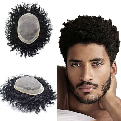 Afro Men Toupee 100% Virgin Human Hair Curl Toupee For Black Men Kinky Curly Wave Afro Men Hair Replacement Systems Durable Fine Mono With NPU Coating Around Wavy Men Hairpieces For Black Men (5''X7'', 1# JET BLACK-100% light to medium density-16mm)