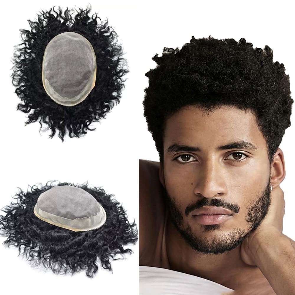 Afro Men Toupee 100% Virgin Human Hair Curl Toupee For Black Men Kinky Curly Wave Afro Men Hair Replacement Systems Durable Fine Mono With NPU Coating Around Wavy Men Hairpieces For Black Men (5''X7'', 1# JET BLACK-100% light to medium density-16mm)