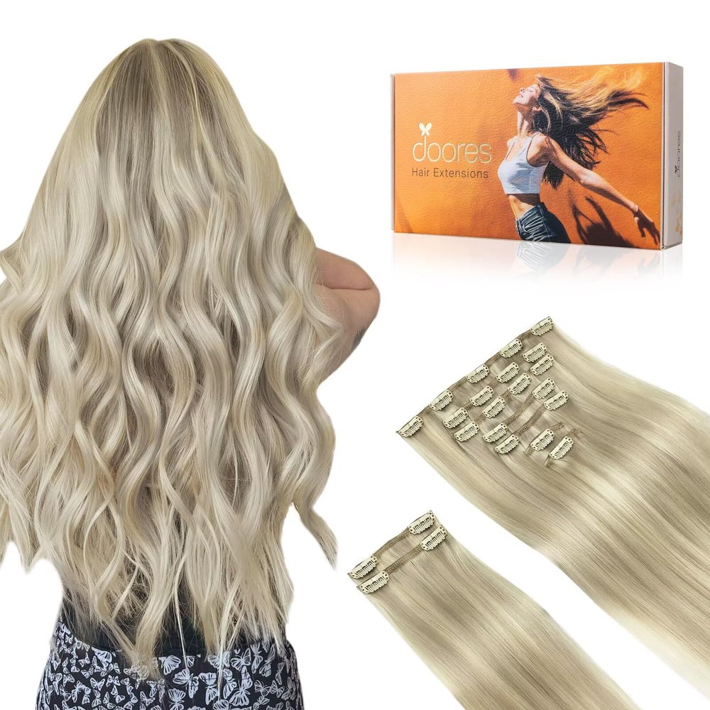 DOORES Hair Extensions Clip in Human Hair, Ash Blonde Highlighted Platinum Blonde 150g 9pcs 16 Inch, Clip in Human Hair Extensions Remy Natural Human Hair Extensions Thick Straight Hair