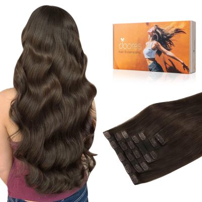 DOORES Seamless Clip-in Real Human Hair Extensions, Light Dark Brown 22 Inch 7pcs 110g, Invisi Edge Straight Hair