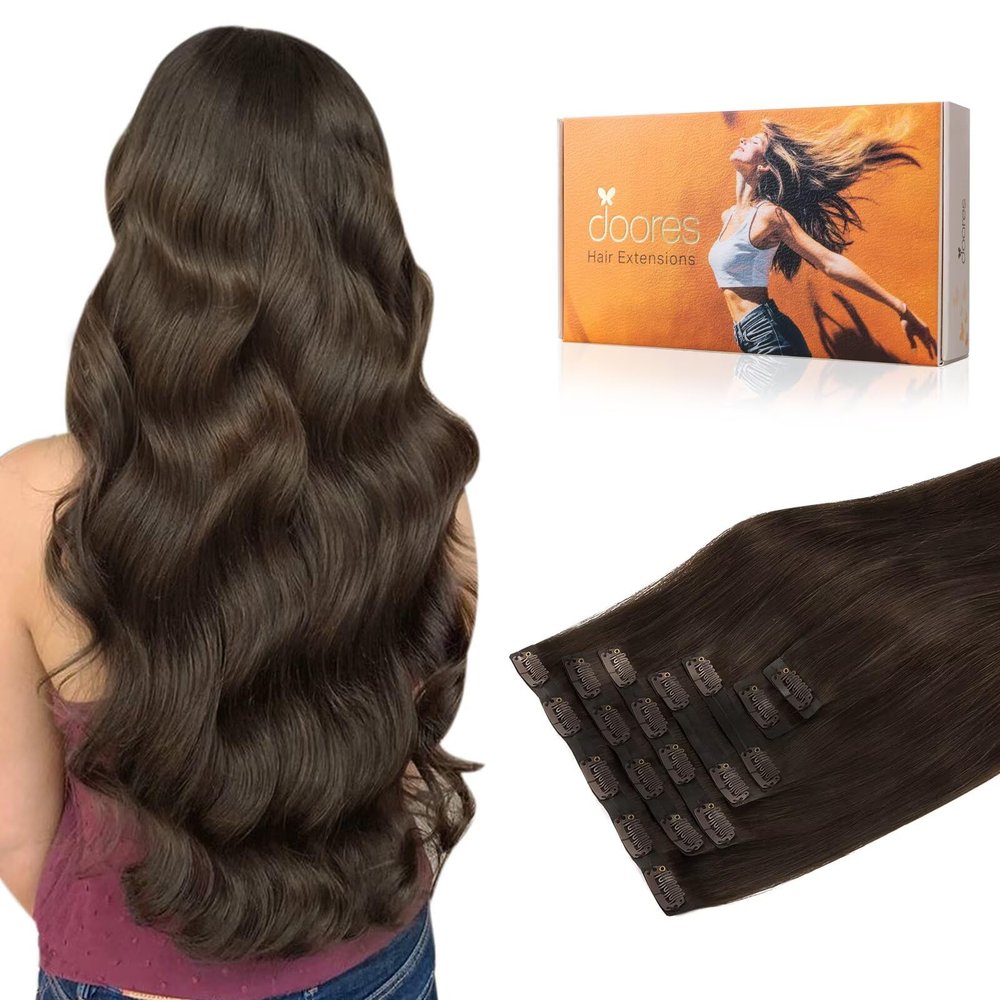 DOORES Seamless Clip-in Real Human Hair Extensions, Light Dark Brown 22 Inch 7pcs 110g, Invisi Edge Straight Hair