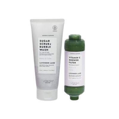 VOESH Shower & Empower Duo, Lavender Land, Vitamin C Shower Filter, Exfoliating Sugar Scrub, Body Wash, Clean Shower Care Set, Vegan Skincare, Spa Gift, Clean Beauty