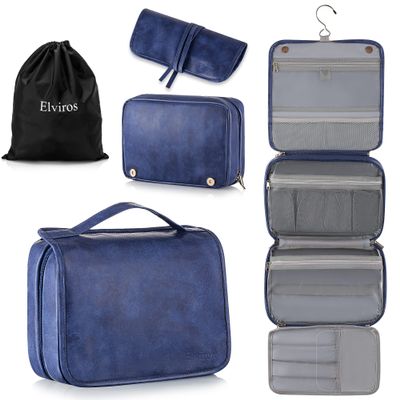 Elviros Hanging Toiletry Bag for Men Travel Essentials 3-in-1 Large Waterproof Dopp Kit PU Leather Shaving Bag with Separate Compartments for Grooming and Toiletries