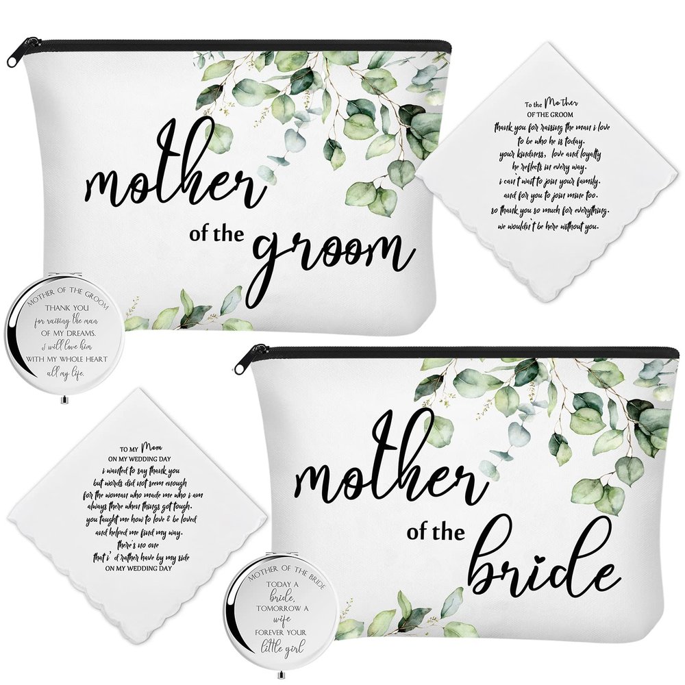 6 Pack Mother of the Bride Gifts Mother of the Groom Gifts Set Includes 2 Leaves Cosmetic Bag 2 Makeup Mirror 2 Mom Handkerchief for Women Wedding Engagement Proposal Bridal Shower
