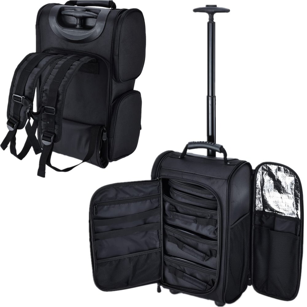 Hododou 2-Way Rolling Makeup Case - Black, Large, Waterproof, Backpack with Wheels, Lightweight