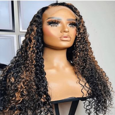 #30 Highlight Curly Wigs Black Honey Brown Mixed Colored Long Hair 136 HD Transparent Lace Frontal Wig 100% Real Human Hair Remy for Black Women Girls with Baby Hair Bleached Knots Pre plucked
