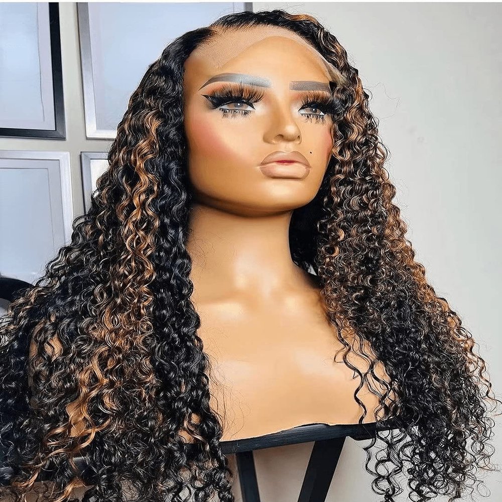 #30 Highlight Curly Wigs Black Honey Brown Mixed Colored Long Hair 136 HD Transparent Lace Frontal Wig 100% Real Human Hair Remy for Black Women Girls with Baby Hair Bleached Knots Pre plucked