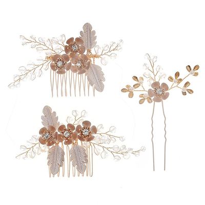 3Pack Bridal Flower Leaves Hair Comb Hair Pins Accessories Gold Color Wedding Combs&Clip Set Side Comb Pearls Rhinestone for Women and Girl Bridesmaids Prom Vintage Hair Pieces Headpiece