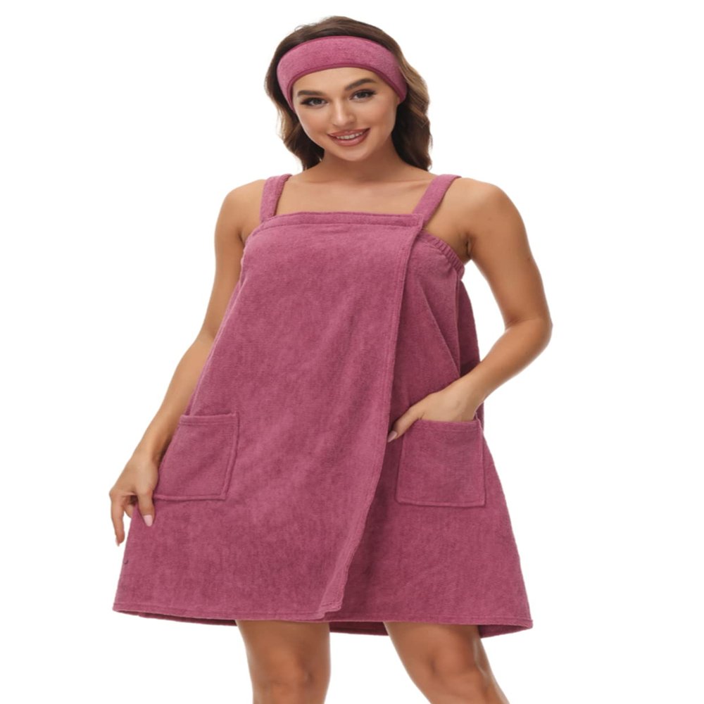 Alunsito Women Bath Wrap Towel Adjustable Robe & Facial Headband with Pocket Comfortable Bathrobe for Spa Shower XL Purple