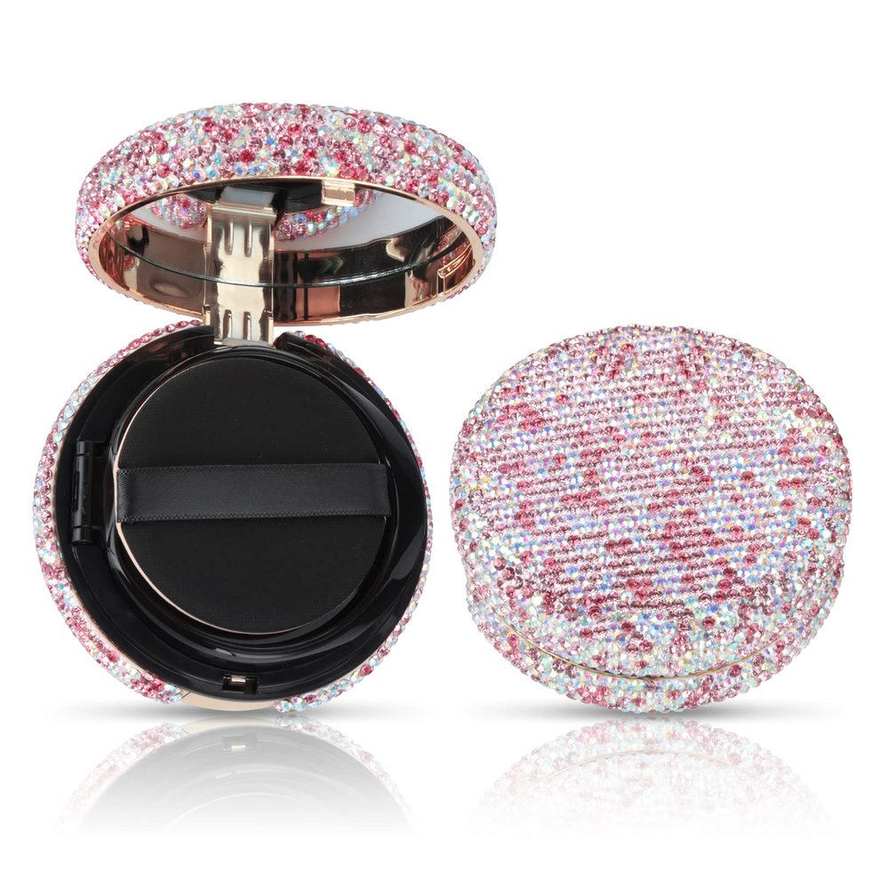 KEYPOWER Makeup Powder Compact Empty Container with Bling Diamond Design, Pink, for Home, Travel/On-the-go, Professional Use